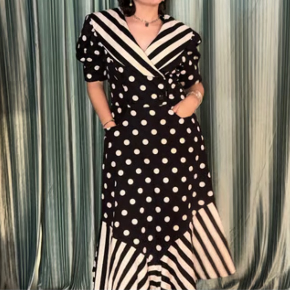 Vintage David Mitchell Polka Dot Striped Dress